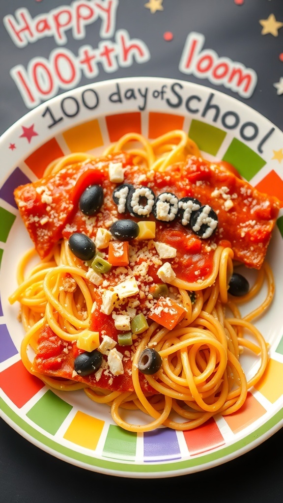A fun noodle shirt made from pasta, decorated with sauce and toppings, celebrating the 100th day of school.
